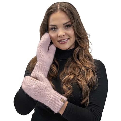 Vivisence Damen Winter Fausthandschuhe Aus Wärmendem Garn Mit Breitem Strickbündchen, Handschuhe Gemütlich Stilvolle Musterloses Design Für Kalte Wintertage Herbst Modell 7015, Puderrosa,Einheitsgröße von VIVISENCE
