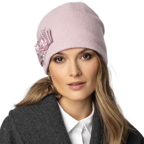 VIVISENCE Damen Wintermütze Aus Wolle Warm Und Gemütlich Elegante Herbst Beanie Mütze Mit Gummiband Für Perfekten Sitz Ideal Für Kalte Wintertage Modell 7080, Puder Rosa,Einheitsgröße von VIVISENCE