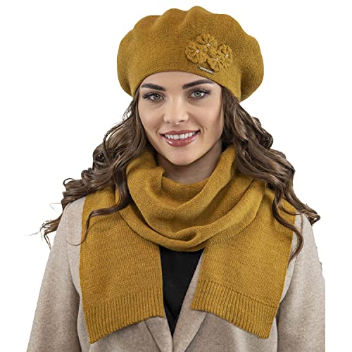 VIVISENCE Damen Baskenmütze Eleganter Wintermütze Und Schal Set Warm Kopfbedeckung Und Halsbedeckung An Winter Und Herbst Warm Dick, Winterset Für Frauen, Hergestellt In EU, Honig von VIVISENCE