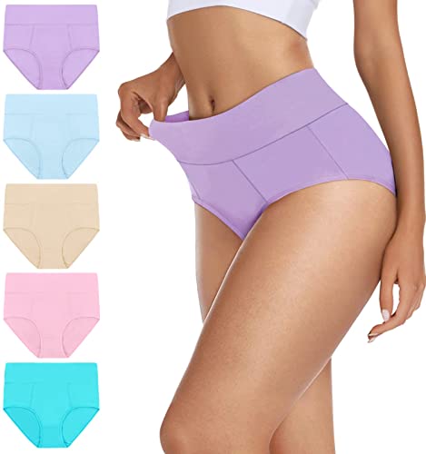 VIVISOO Damen Stretch Baumwolle Unterwäsche Hohe Taille Höschen Weich Atmungsaktiv Slips 5er Pack, Solide, hell, M von VIVISOO