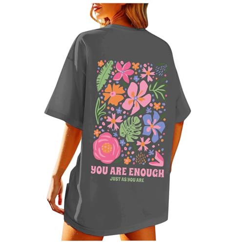 Damen Tshirt Kurzarm Sommer Oberteile Oversized T-Shirt mit Blume Druck Lose Rundhals Basic Shirt Teenager Mädchen Top Tunika Lang Casual Strand Shirt von VIYUANH
