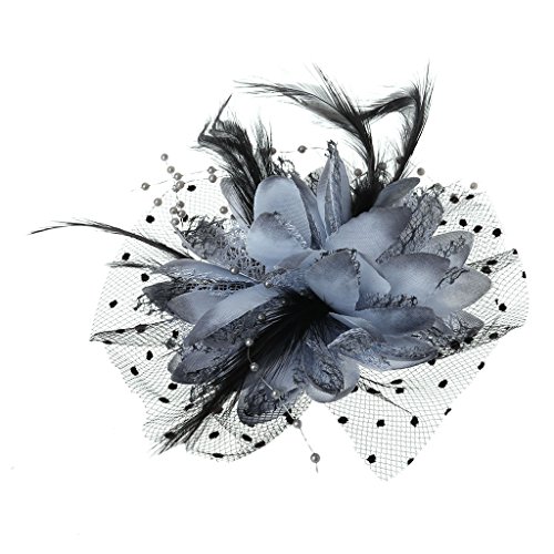 VIccoo Frauen-Brautmaschen-Bogen-Feder-Korne, die Fascinator-Punkt-Schleier-Haar-Klipp-Brosche Wedding sind - Grau von VIccoo