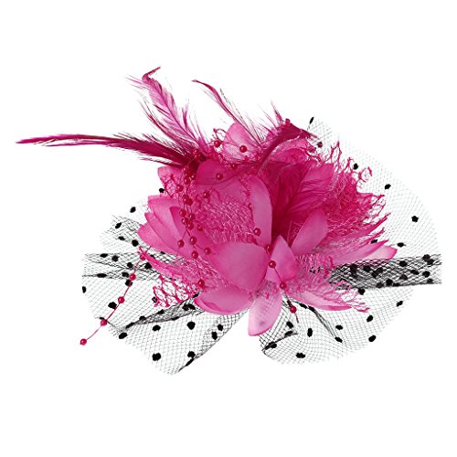 VIccoo Frauen-Brautmaschen-Bogen-Feder-Korne, die Fascinator-Punkt-Schleier-Haar-Klipp-Brosche Wedding sind - Pink von VIccoo