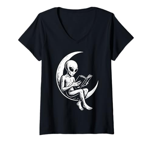 Damen Alien Lesebuch Halbmond Weltraum Lustiger Bücherwurm T-Shirt mit V-Ausschnitt von VIntage Witchy Bookish Alien Reading Moon Sci-Fi