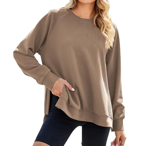 VJGOAL Black Friday Tools Kapuzenjacke Damen Beige Rundhals-Sweatshirt für Damen lockere Passform übergroßer Pullover seitlicher Schlitz Reißverschluss 2023 Herbstmode Black Friday von VJGOAL