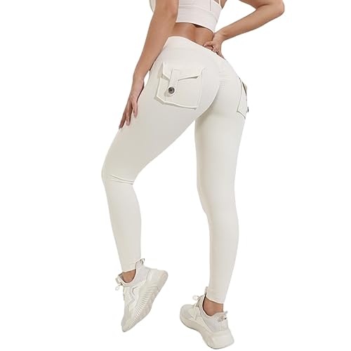 VJGOAL Blickdichte Winter Leggings Für Damen Po-Lifting-Leggings mit Taschen für Damen, Stretch-Cargo-Leggings, hohe Taille, Workout-Laufhose Leggings Mit Handytasche (White, M) von VJGOAL