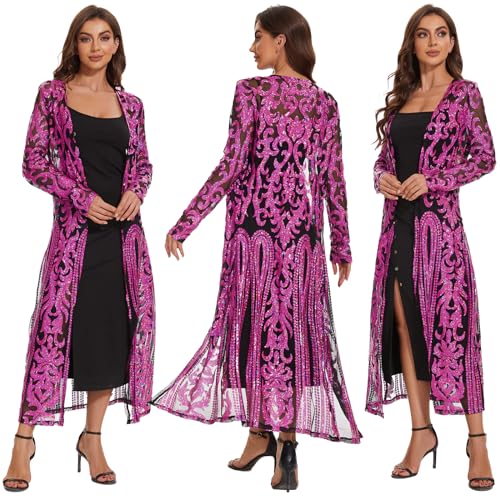 Damen Pailletten Cardigan Lange Tops Glitzer Elegant Funkeln Offene Vorderseite Mantel Kleider Staubwedel für Abend Abschlussball, Schwarz Violett, XXX-Large von VJJ AIDEAR