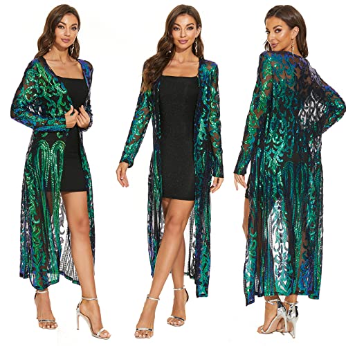 Damen Pailletten Cardigan Sommer Cover Up Kleid Glitzer Funkeln Offene Vorderseite Mantel Kleider Staubwedel für Abend Abschlussball, Grün , XXX-Large von VJJ AIDEAR