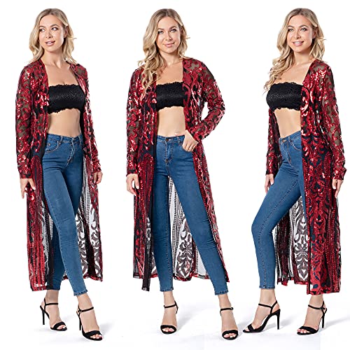 Damen Pailletten Cardigan Sommer Cover Up Kleid Glitzer Funkeln Offene Vorderseite Mantel Kleider Staubwedel für Abend Abschlussball, Rot/Ausflug, einfarbig (Getaway Solids), Mittel von VJJ AIDEAR