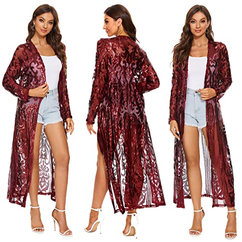 Damen Pailletten Cardigan Sommer Cover Up Kleid Glitzer Funkeln Offene Vorderseite Mantel Kleider Staubwedel für Abend Abschlussball, Weinrot, Medium von VJJ AIDEAR