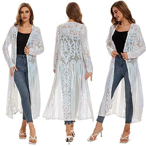 Damen Pailletten Cardigan Sommer Cover Up Kleid Glitzer Glitzer Open Front Mantel Kleider Staubwedel für Abend Abschlussball, Weiss/opulenter Garten, 5X-Large von VJJ AIDEAR