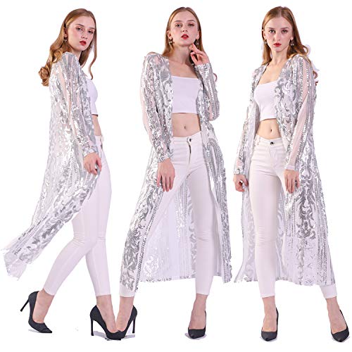 VJJ AIDEAR Damen Pailletten Cardigan Sommer Cover Up Kleid Glitzer Glitzer Open Front Mantel Kleider Staubwedel für Abend Abschlussball, silber, Large von VJJ AIDEAR