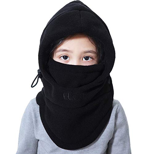 VJOLI Unisex Kinder Winter Mütze Jungen Mädchen Kapuzenschal, 5 in 1 Hut mit Warmen Schal Ski-Outdoor Sport Winter Schlupfmütze Cap 2-15 Jahren (Schwarz) von VJOLI