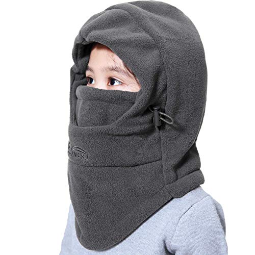 VJOLI Unisex Kinder Winter Mütze Jungen Mädchen Kapuzenschal, 5 in 1 Hut mit Warmen Schal Ski-Outdoor Sport Winter Schlupfmütze Cap 3-15 Jahren (Grau) von VJOLI