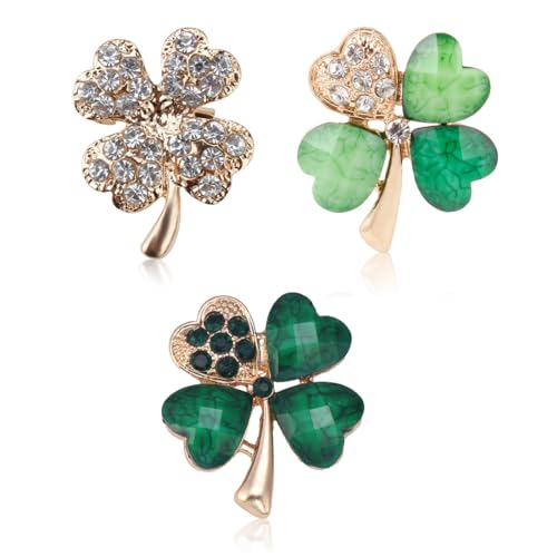 3 Stück Vierblättriges Kleeblatt Brosche, Grüne Strass Brosche, Kristall Brosche, für Frauen, Mädchen von VJUYSW