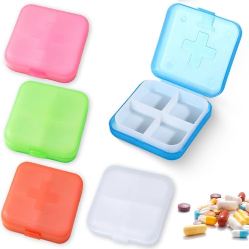 5 Packungen Mini-Pillendose, Tablettenbox-4 Fächer， Tragbarer Vitamin-Halter, Pillendose Klein Tragbar Pillenbox Klein Tablettendose,Rot, Rosa, Grün, Blau, Weiß von VJUYSW