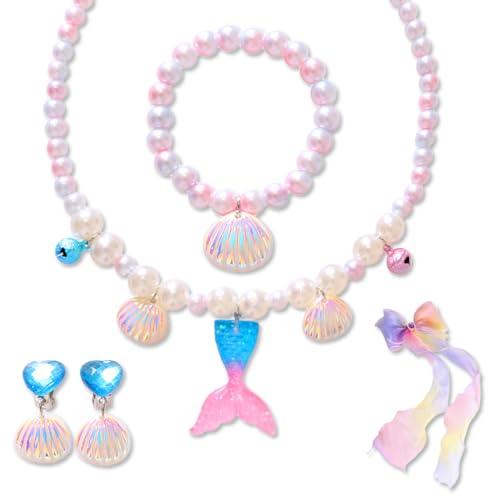 6 Stk Meerjungfrau Schmuck Set für Mädchen, Meerjungfrau Kinderschmuck Halskette, Ringe, Armbänder, Ohrring, Haarnadel, Geschenke für Mädchen ab 3 Jahren, für Kinder Mädchen Party Geburtstaggeschenk von VJUYSW