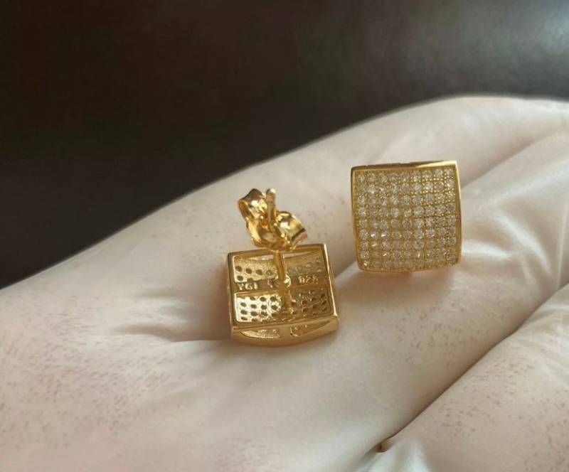 Herren Damen Italien Echt 14K Gold Über 925 Sterling Silber Hip Hop Iced Out Bling Diamant Quadrat Ohrringe Unisex 10 Mm Push Back von VJaccessoriesShop