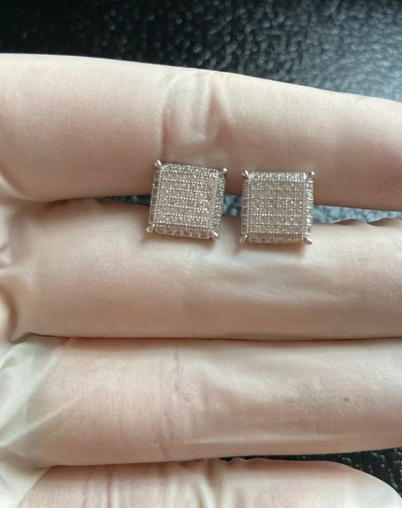 Herren Damen Italien Echt Massiv 925 Sterling Silber Iced Out Bling Diamant Quadrat Ohrringe Push Back Ohrstecker Ohrring 8 Mm von VJaccessoriesShop