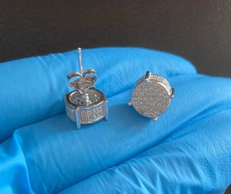 Männer Frauen Unisex Italien Echte Solid 925 Sterling Silber Runde Diamant Iced Out Bling Bolzenohrrings Push Back Ohrringe 10 Mm von VJaccessoriesShop