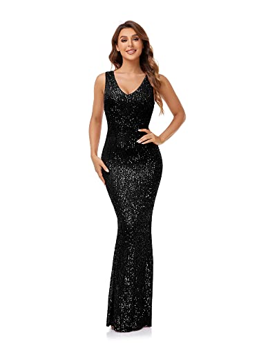 VK Selec Damen Abendkleid Party Elegant Eng anliegendes Langes Kleid Pailletten Formelle Anlässe Kleid, schwarz, Klein von VK Selec