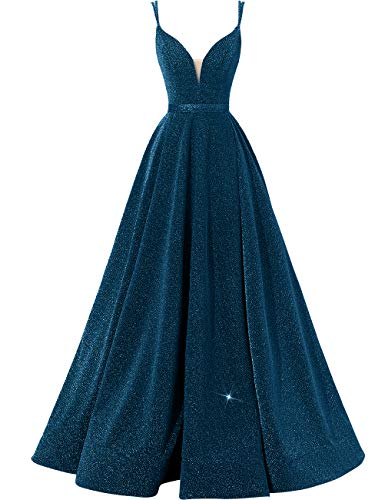 Damen Glitzer Spaghetti V-Ausschnitt Ballkleider Lang Side Split formelle Abendkleider - Blau - 44 von VKBRIDAL