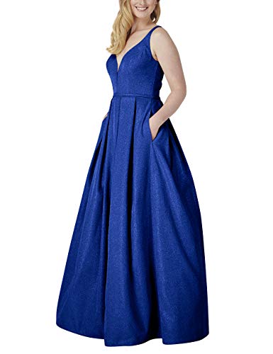 Damen Glitzer Spaghetti V-Ausschnitt Ballkleider Lang Side Split formelle Abendkleider - Blau - 44 von VKBRIDAL