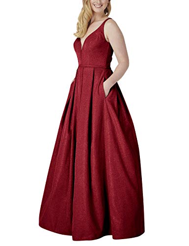 VKBRIDAL Glitzernde lange Ballkleider 2025, glitzerndes Abendkleid mit Schlitz, Spaghettiträger, V-Ausschnitt, formelle Ballkleider mit Tasche, Style2-burgunderrot, 46 Mehr von VKBRIDAL