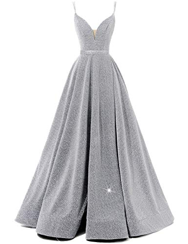 Damen Glitzer Spaghetti V-Ausschnitt Ballkleider Lang Side Split formelle Abendkleider - Silber - 38 Damen Glitzer Spaghetti V-Ausschnitt Ballkleider Lang Side Split formelle Abendkleider - Silber - 38 von VKBRIDAL