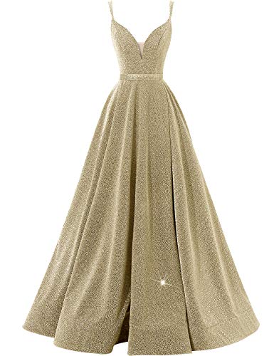 VKBRIDAL Glitzernde lange Ballkleider 2025, glitzerndes Abendkleid mit Schlitz, Spaghettiträger, V-Ausschnitt, formelle Ballkleider mit Tasche, Gold, 32 von VKBRIDAL