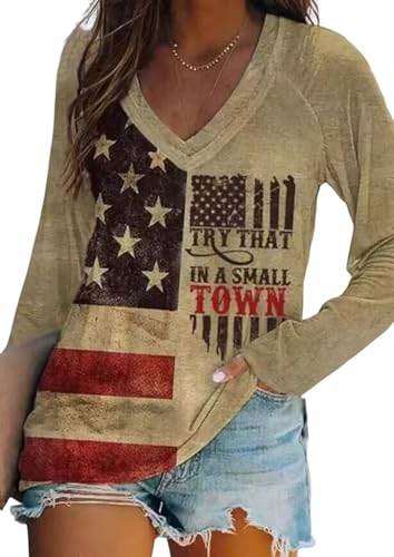 VKEGNIO Try That In A Small Town Shirt Frauen Flagge Vintage Country Western Sweatshirt Cowgirl V-Ausschnitt Langarm Shirt, Grün , Klein von VKEGNIO