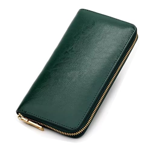 Damen Geldbörse Damen-Geldbörse aus geöltem gewachstem Leder, lange Geldbörse, Studenten-Leder, Herren-Clutch, langes Glückstuch Geldbörse mit Großem Fassungsvermögen ( Color : Green , Size : 20x10x2. von VKEID