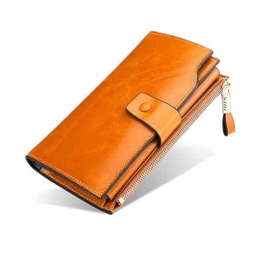 Damen Geldbörse Lange Damen-Geldbörse aus Leder, RFID-Geldklammer mit mehreren Kartenpositionen, Vintage-Clutch aus geöltem gewachstem Leder Geldbörse mit Großem Fassungsvermögen ( Color : Brown , Siz von VKEID