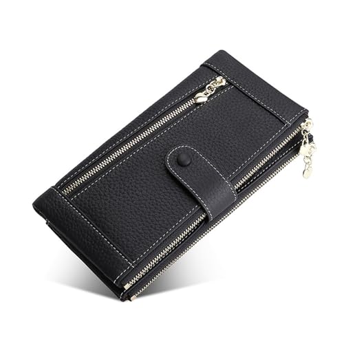 Damen Geldbörse Lange Damen-Geldbörse aus Leder mit Reißverschluss, Handy-Clutch, Diebstahlschutz, Swipe-Kartentasche, Münzgeldbörse Geldbörse mit Großem Fassungsvermögen ( Color : Black , Size : 19.5 von VKEID