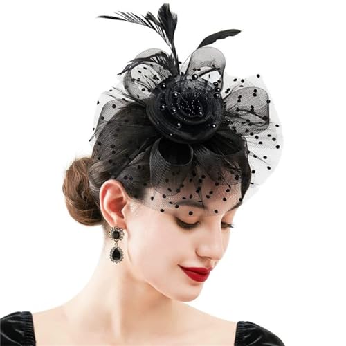 Fascinator Hüte für Frauen Braut Haarschmuck Vintage Mesh Schleier Kopfschmuck Haarspangen Federkopf Blume Jockey Haarbänder (Color : Black, Size : One size) von VKEID