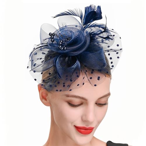 Fascinator Hüte für Frauen Braut Haarschmuck Vintage Mesh Schleier Kopfschmuck Haarspangen Federkopf Blume Jockey Haarbänder (Color : Navy, Size : One size) von VKEID