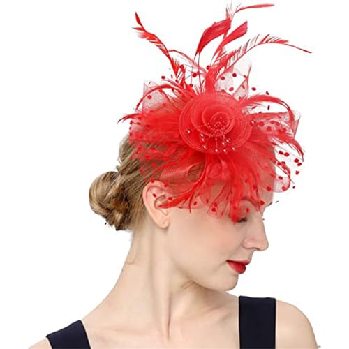 Fascinator Hüte für Frauen Braut Haarschmuck Vintage Mesh Schleier Kopfschmuck Haarspangen Federkopf Blume Jockey Haarbänder (Color : Red, Size : One size) von VKEID