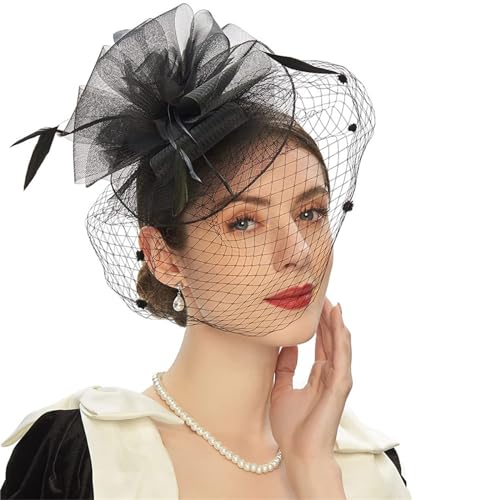 Fascinator Hüte für Frauen Braut Kopfschmuck Haarschmuck Schleier Haarspangen Jockey Mesh Hut Haarbänder (Color : Black, Size : One size) von VKEID