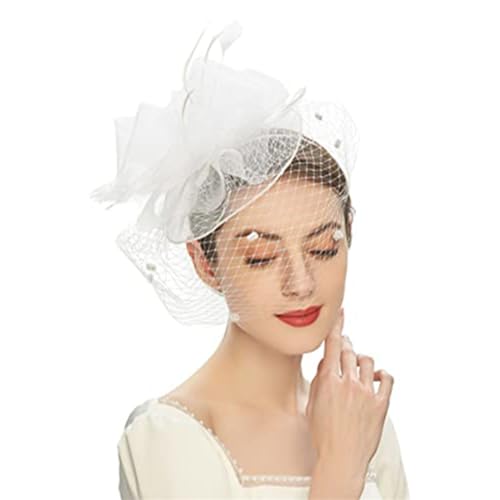 Fascinator Hüte für Frauen Braut Kopfschmuck Haarschmuck Schleier Haarspangen Jockey Mesh Hut Haarbänder (Color : White, Size : One size) von VKEID