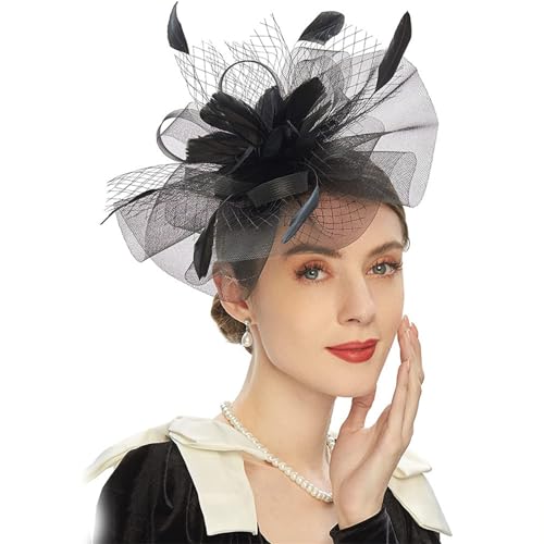 Fascinator Hüte für Frauen Vintage-Mesh-Haar-Accessoires, Abschlussball-Hüte, Promi-Feder-Haarspangen, Haarbänder-Zubehör von VKEID