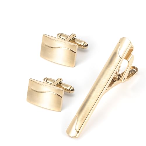 Herren-Manschettenknöpfe-Krawattenklammer-Set Galvanisiertes Gold-Manschettenknöpfe-Set aus gebürstetem Metall. Französische Krawattenklammer-Manschettenknöpfe for Herren Geschenk für Vater-Ehemann ( von VKEID