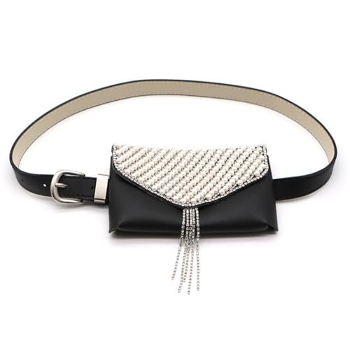 Mini-Gürteltasche für Frauen Perle Strass Intarsien Schwarz Waistpack Damen Vielseitige Strass Quaste Handytasche Damen Dünner Gürtel Gürteltasche von VKEID