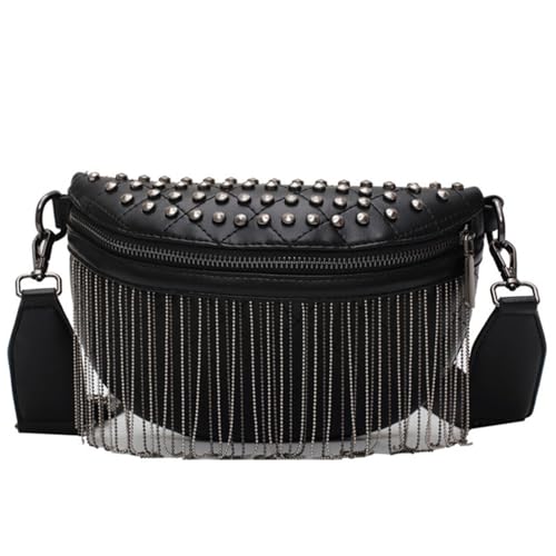 Punk-Umhängetasche für Damen Nieten-Quasten-Brusttasche, Damen-Taillentasche, Gürteltasche, Luxus-Punk-Tasche, Bananen-Umhängetasche (Color : Black, Size : 24X7.5X14cm) von VKEID