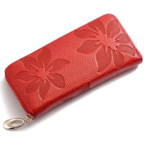 VKEID Damen Geldbörse Damen-Geldbörse, Lange Clutch, Leder, Damen-Geldbörse aus Leder Geldbörse mit Großem Fassungsvermögen (Color : Red, Size : 19x9x2.5cm) von VKEID