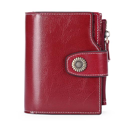 VKEID Damen Geldbörsen Leder-Geldbörse, Kurze RFID-Geldbörse, Clutch, Damen-Geldbörse, multifunktionale Kartentasche Geldbörsen (Color : Wine red, Size : 12.5x10x2.5cm) von VKEID