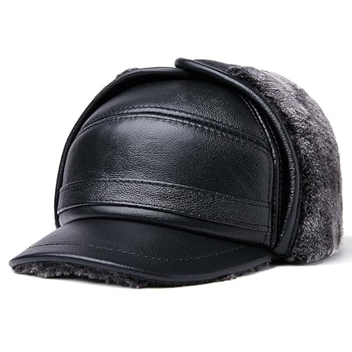 VKEID Herren Lederhut Männer Winter Verdickung Warme Outdoor Gehörschutz Baumwolle Kappe In Die Älteren Thunderbolt Cap Schwarz Hüte für Männer (Color : Black, Size : L) von VKEID