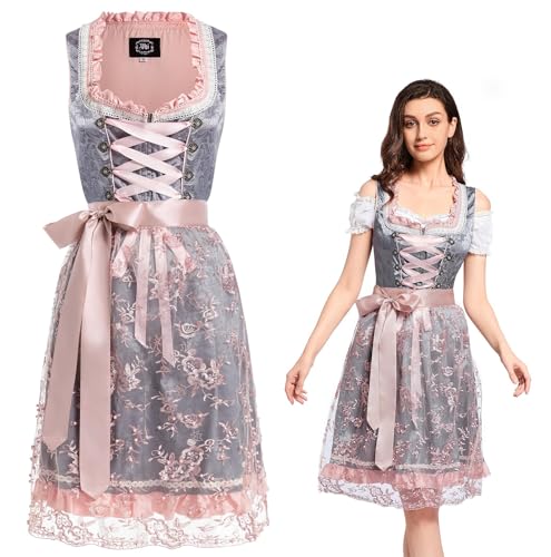 VKI Midi Dirndl Damen Kleid mit Spitzenschürze, Bayerische Tracht Oktoberfest Damen Outfit, Grau/Rose von VKI