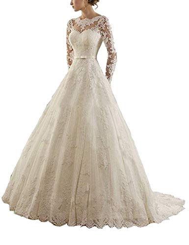 VKStar® A-Linie Lang Brautkleider Hochzeitskleider Standesamt Prinzessin Spitze Tüll Brautkleider Langarm Elfenbein 44 von VKStar