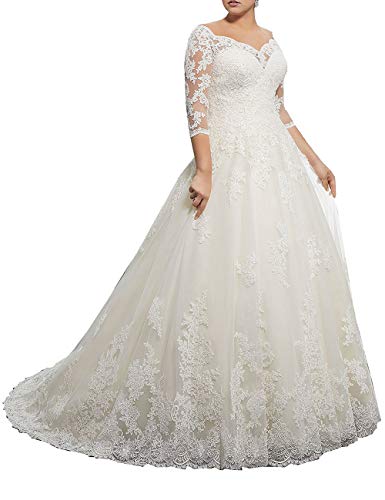 VKStar® V-Ausschnitt 3/4-Arm Brautkleid Hochzeitskleid Große Größen Damen Prinzessin Spitze Tüll A-Linie Lang Brautkleider Weiß 50 von VKStar