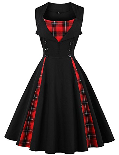 VKStar® Vintage 50er Jahre Rockabilly Kariertes Kleid Ärmellos Retro Swing Elegantes Abendkleid mit Knöpfe Schwarz-Kariert M von VKStar